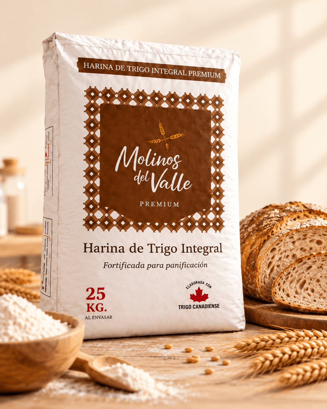 Saco de Harina de Trigo Integral Premium con pan integral rebanado y un tazón de harina