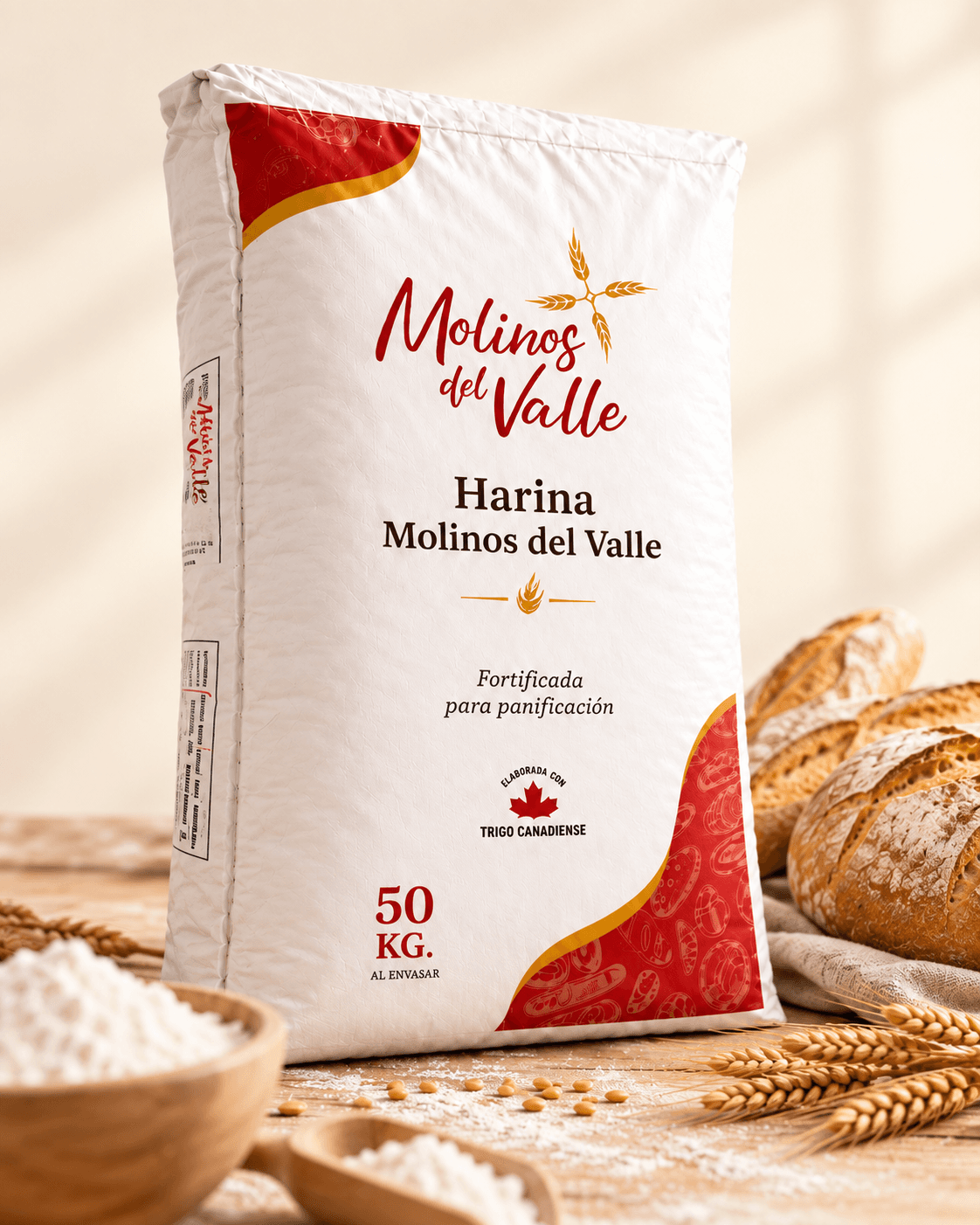 Saco de Harina Molinos del Valle con panes artesanales, harina y espigas